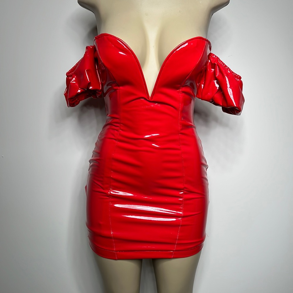 Red Off-Shoulder Mini Dress with Plunging V-Neck